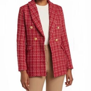 Red Tweed Plaid Double-Breasted Blazer Women’s Size L Old Money